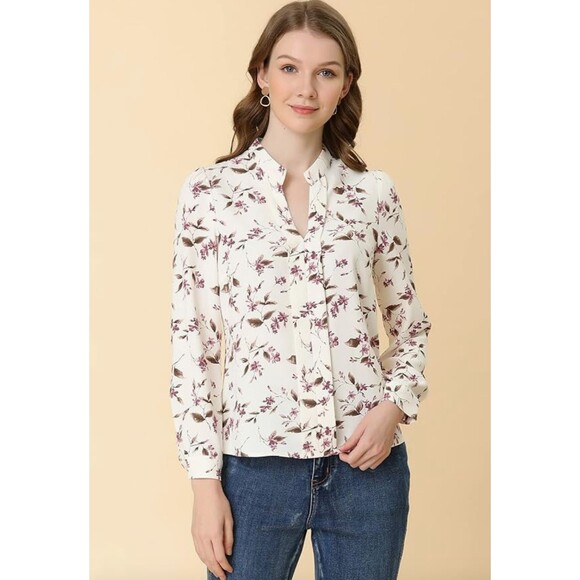New Allegra K Women's Floral Print V Neck Office Long Sleeve Blouse, S - Picture 1 of 5